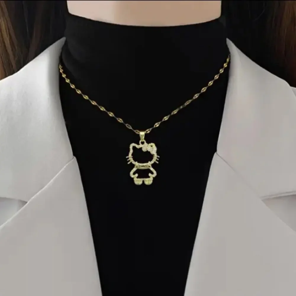 Gold Hello Kitty Hollow Zircon Necklace